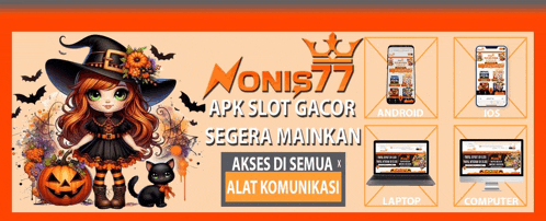an advertisement for nonis77 shows a witch with a black cat