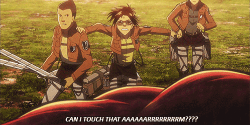 a group of anime characters with one saying can i touch that aaa