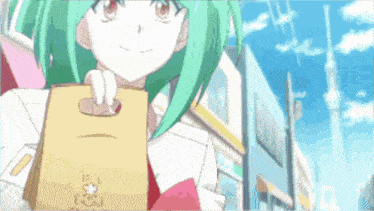 a girl with green hair is smiling and holding a bag that says ' a ' on it
