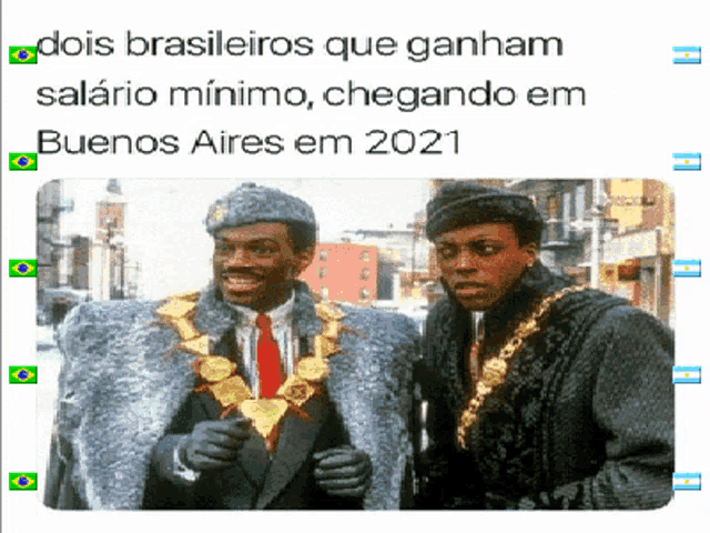 two men are standing next to each other and the caption says dois brasileiros que ganham salario minimum