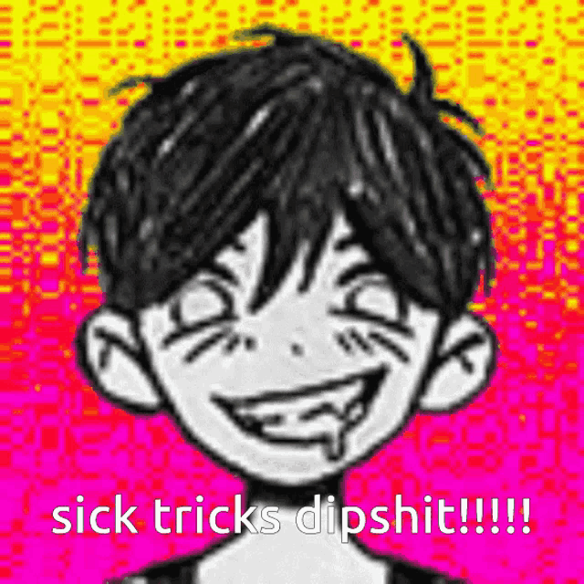 a black and white drawing of a boy with a smiley face and the words `` sick tricks dipshit '' .
