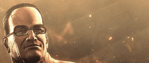 a close up of a man wearing glasses with a fire background