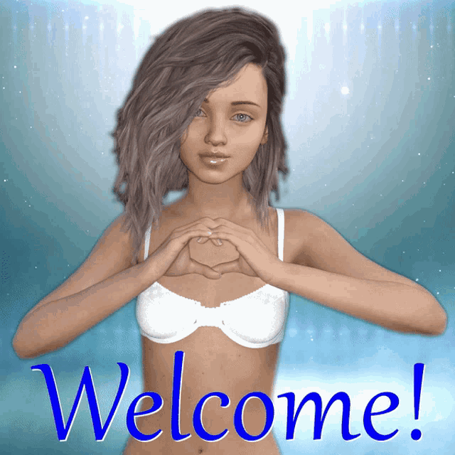 a woman in a white bra is making a heart shape with her hands and the word welcome is behind her