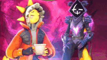 a man in a sun costume is holding a cup of coffee next to a woman in a purple costume .