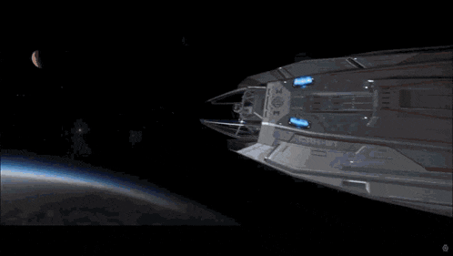 a space ship is flying over the earth in the dark