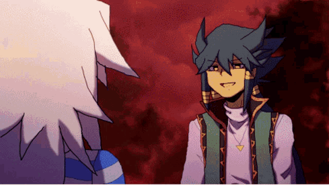 two anime characters are talking to each other and one is wearing a necklace with the letter a on it