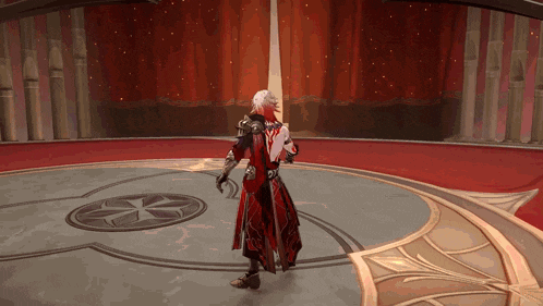 a man in a red and black outfit is standing in a room