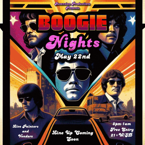 a poster for boogie nights on may 22nd at 8 pm-1am