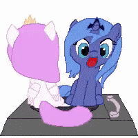 two ponies are sitting on a turntable and one has a crown on its head