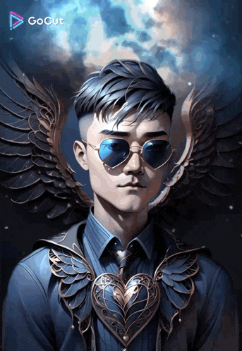a painting of a man with wings and a heart on his chest