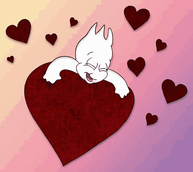 a cartoon character is laying on a red heart surrounded by red hearts