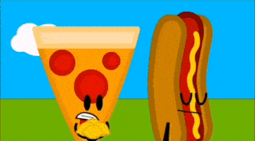 a hot dog and a slice of pizza are standing next to each other