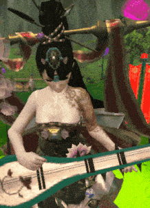 a woman with a tattoo on her shoulder is playing a guitar
