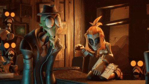 a cartoon character smoking a cigarette next to a woman