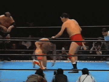 two men are wrestling in a ring and one of them is wearing a red short