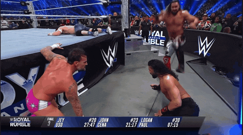 a wrestling match is being shown on a tv screen