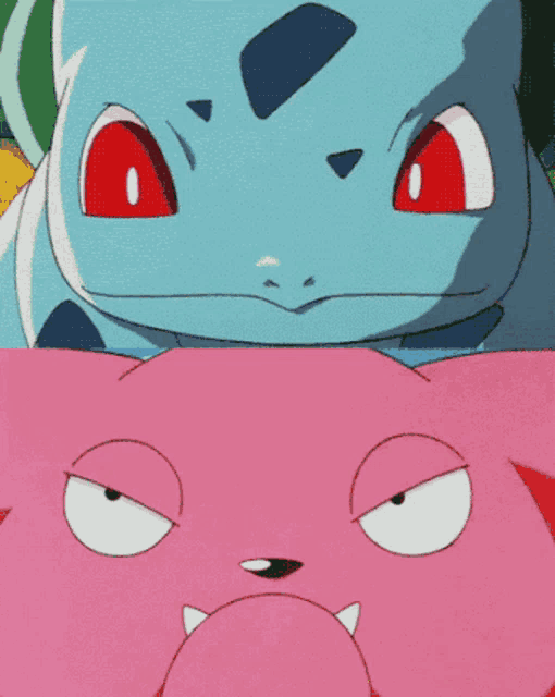 a blue pokemon and a pink pokemon with angry faces