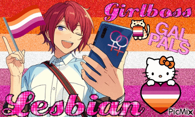 a picture of a girl holding a cell phone with the words girlboss gal pals lesbian written on it