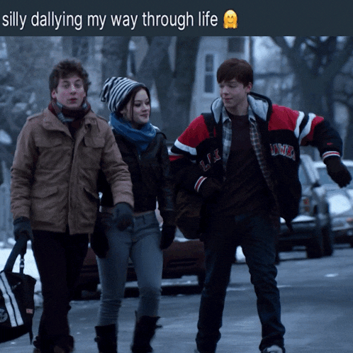 a group of people walking down a street with the words silly dallying my way through life above them
