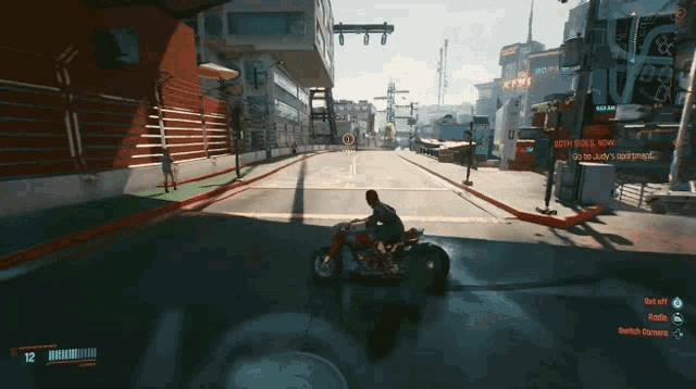 a person riding a motorcycle in a video game with bethesda now in the corner