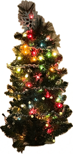 a small christmas tree with multicolored lights and decorations