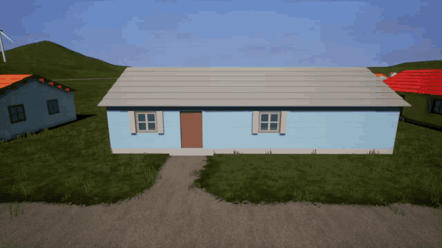 a blue house with a gray roof is in a video game