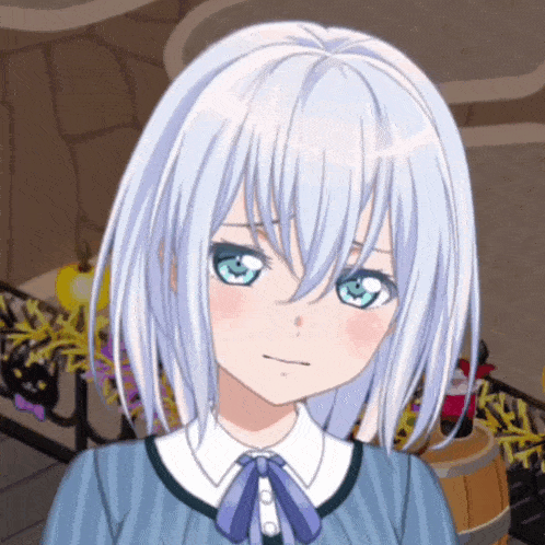 a girl with white hair and blue eyes is wearing a striped shirt