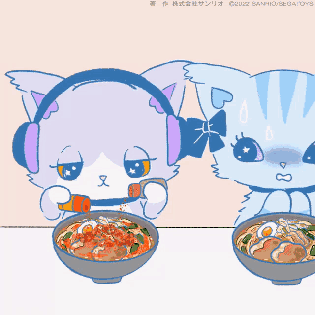 a cartoon of a cat with headphones eating a bowl of ramen