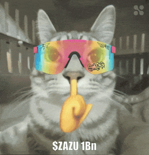 a cat wearing sunglasses has a yellow finger in its mouth and says $razu 1bn on the bottom