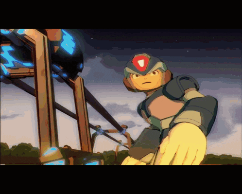 a cartoon character with a red badge on his chest