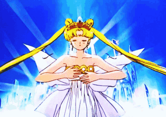 a cartoon drawing of a woman in a white dress with a crown on her head