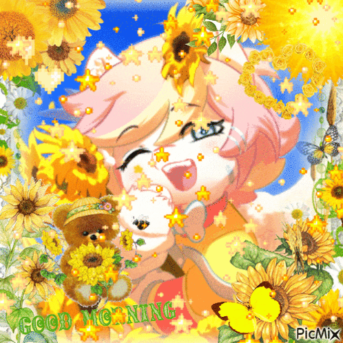a picture of a girl surrounded by sunflowers and a teddy bear that says good morning