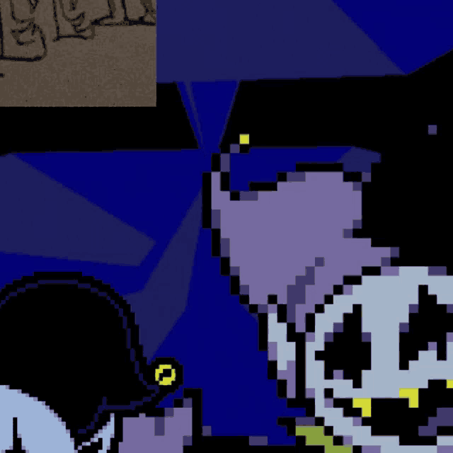 a pixel art of a cat with a purple hat and yellow eyes