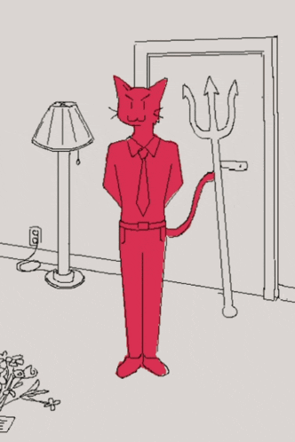 a drawing of a red cat with a trident standing in front of a door