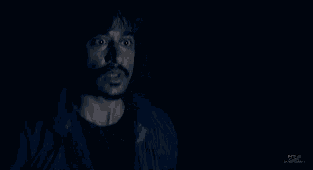 a man with a beard and mustache looks surprised in a dark room with the word python on the bottom left
