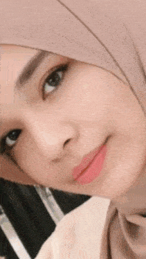 a close up of a woman 's face wearing a hijab and smiling .
