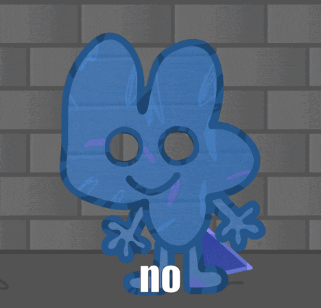 a blue cartoon character with the word no written below it