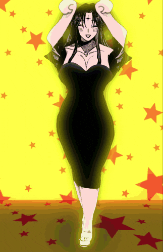 a drawing of a woman in a black dress with a cross on her chest