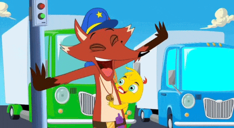 a cartoon of a fox holding a yellow bird with trucks in the background