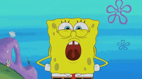 a cartoon of spongebob with his mouth open and a flower in the background