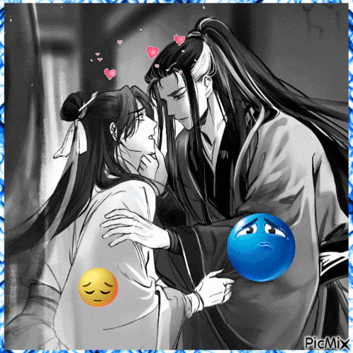 a black and white drawing of two men with a blue ball with a sad face in the middle
