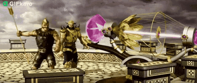 two warriors are standing in front of a machine with a gifkaro logo