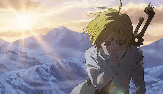 a cartoon character holding a sword in front of mountains