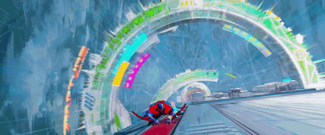 a painting of a person riding a roller coaster with a rainbow in the background