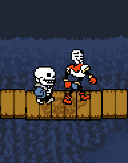 a pixel art of sans and papyrus standing next to each other on a bridge