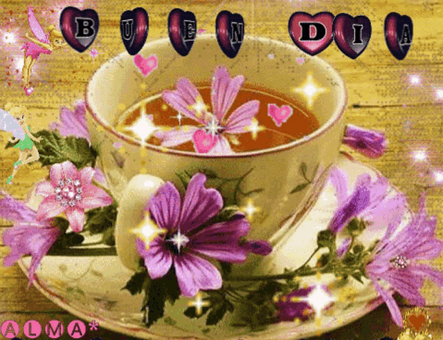 a cup of tea surrounded by purple flowers and hearts with the words bueno dia