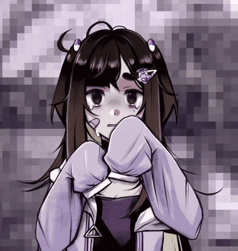 a pixelated drawing of a girl with a triangle on her hair