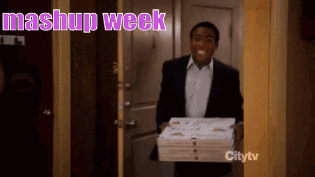 a man carrying a stack of pizzas with mashup week written on the top