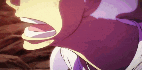 a close up of a person 's face with a purple shirt on .