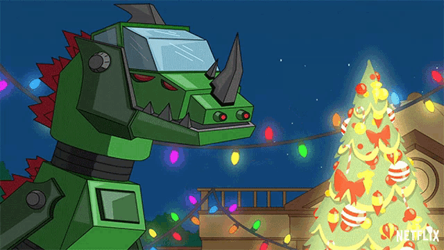 a cartoon of a robot standing next to a christmas tree with netflix written on the bottom